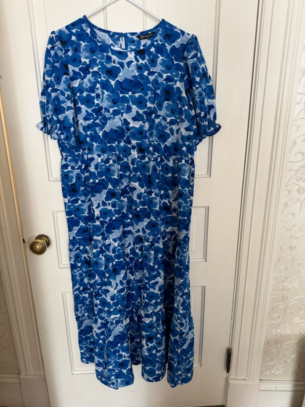 Blue Floral Midi Dress Short Sleeve